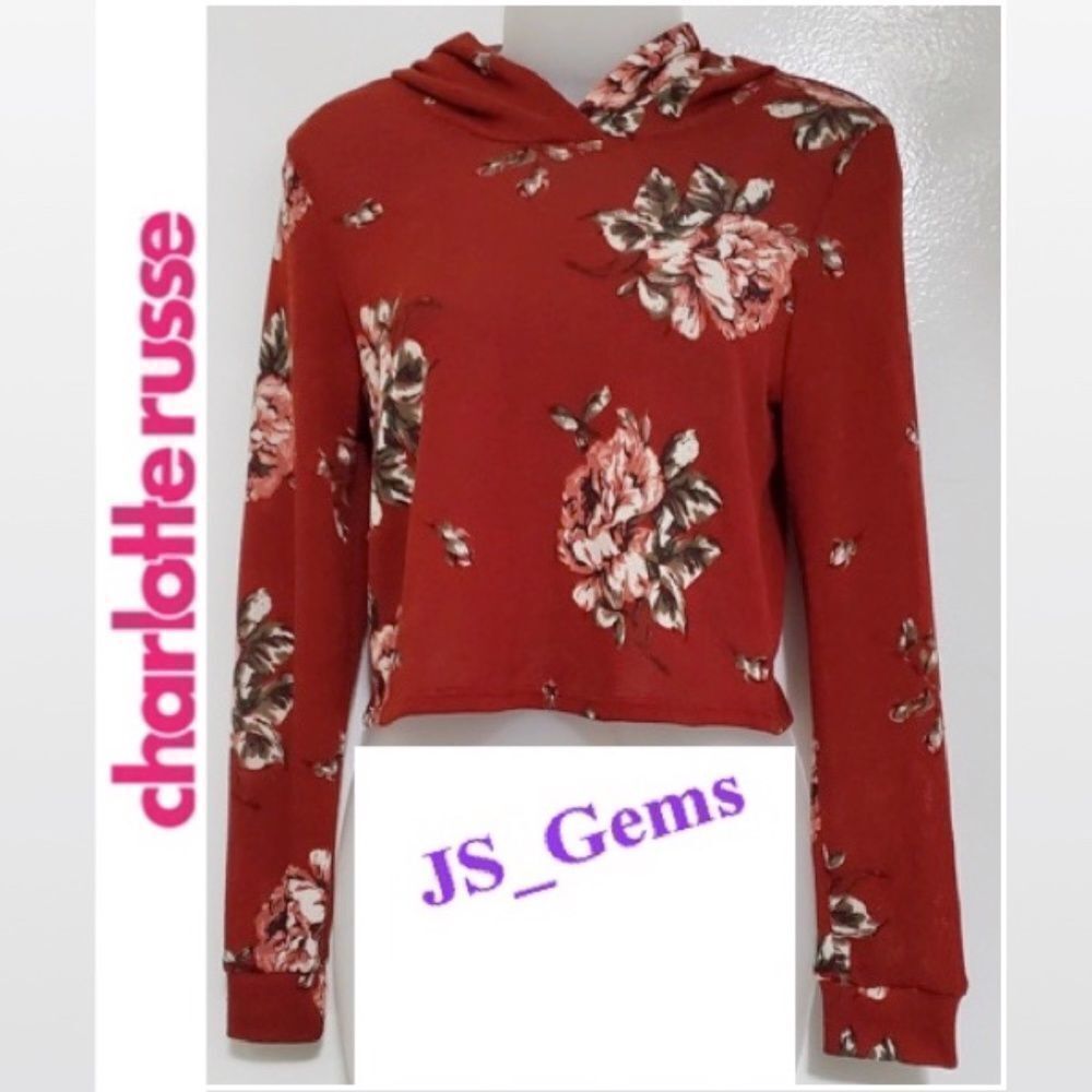 New Charlotte Russe Top Cropped Small Women's Red Hoodie Floral Long Sleeve